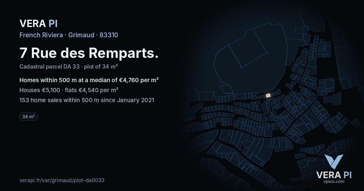 7 Rue des Remparts, Grimaud at night – the plot lit, the parcels around coloured by the prices near them