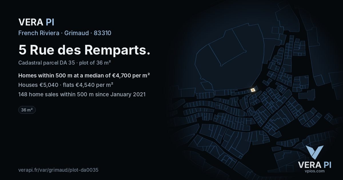 5 Rue des Remparts, Grimaud at night – the plot lit, the parcels around coloured by the prices near them