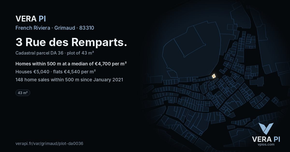 3 Rue des Remparts, Grimaud at night – the plot lit, the parcels around coloured by the prices near them