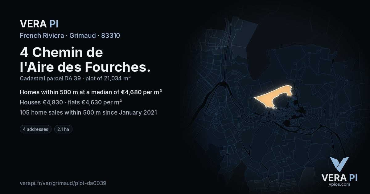 4 Chemin de l'Aire des Fourches, Grimaud at night – the plot lit, the parcels around coloured by the prices near them