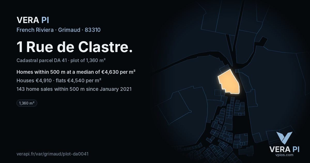 1 Rue de Clastre, Grimaud at night – the plot lit, the parcels around coloured by the prices near them