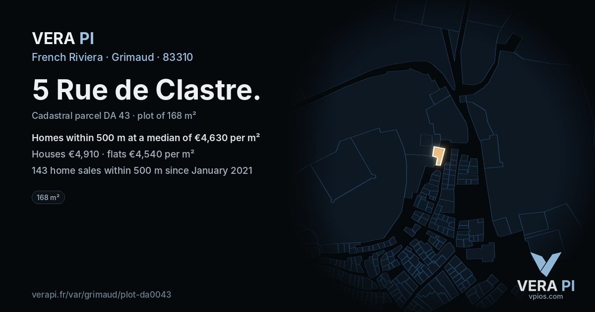 5 Rue de Clastre, Grimaud at night – the plot lit, the parcels around coloured by the prices near them