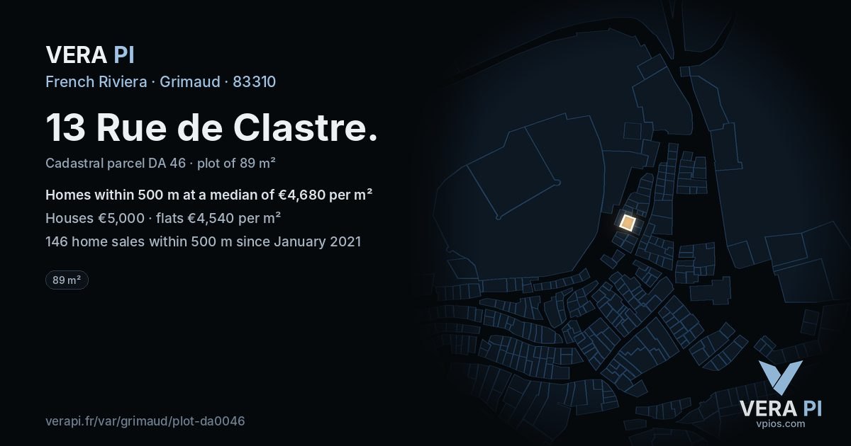 13 Rue de Clastre, Grimaud at night – the plot lit, the parcels around coloured by the prices near them