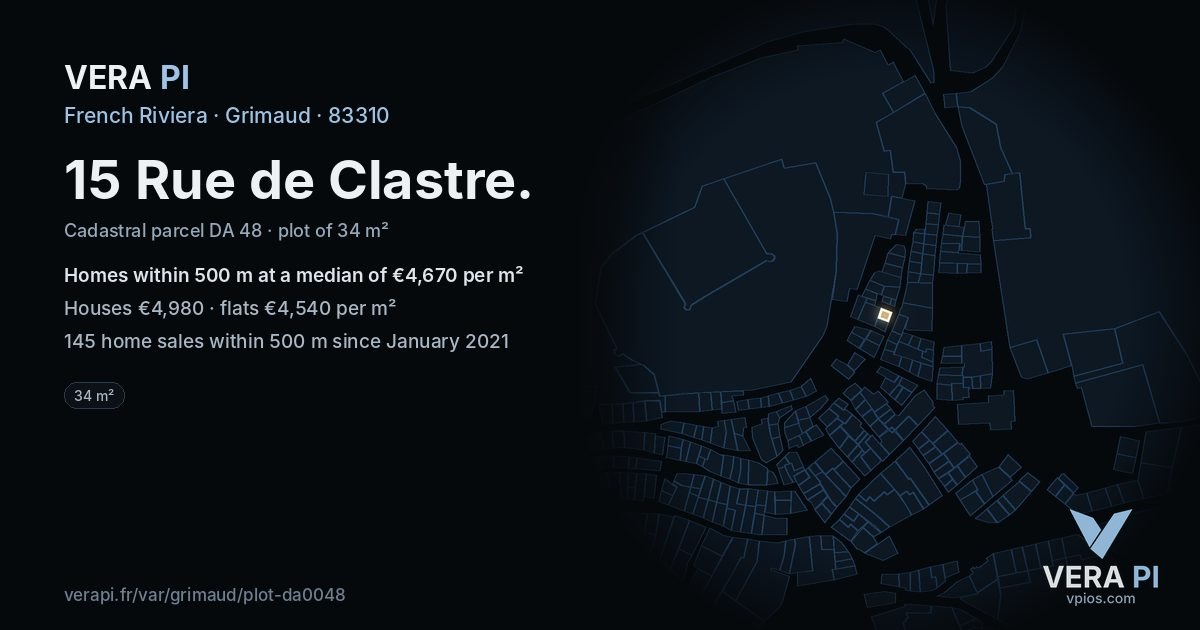 15 Rue de Clastre, Grimaud at night – the plot lit, the parcels around coloured by the prices near them