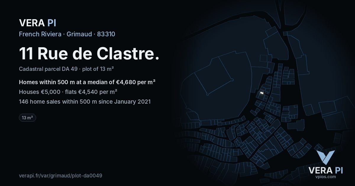 11 Rue de Clastre, Grimaud at night – the plot lit, the parcels around coloured by the prices near them