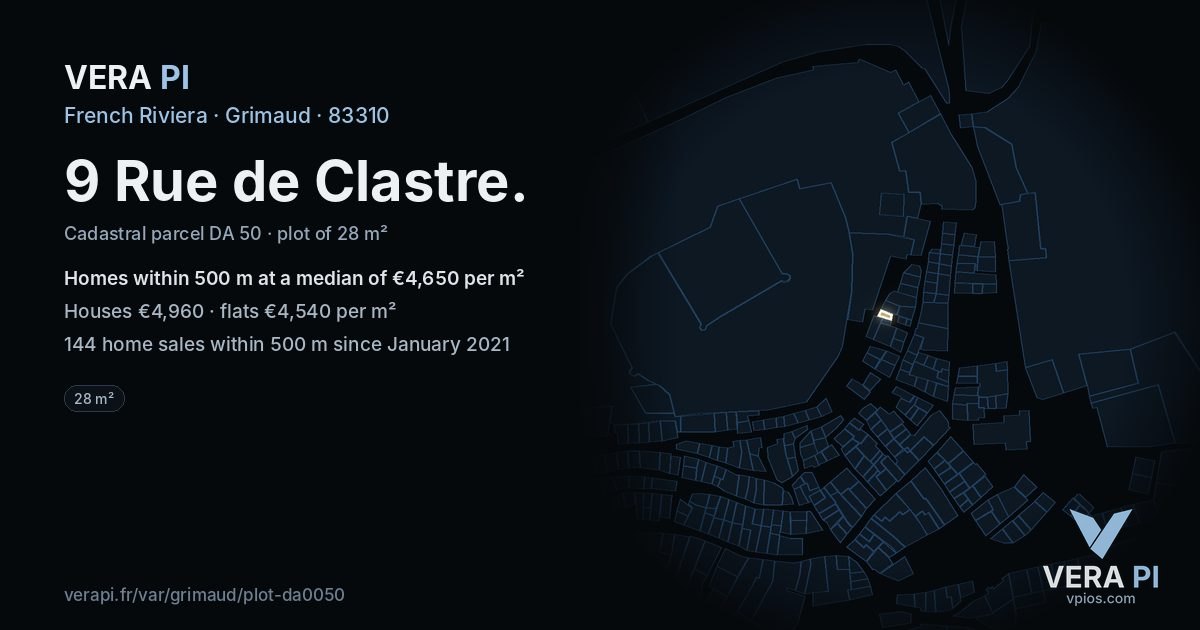 9 Rue de Clastre, Grimaud at night – the plot lit, the parcels around coloured by the prices near them