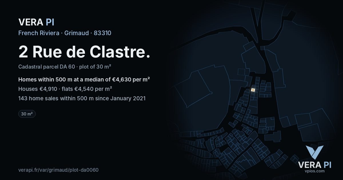 2 Rue de Clastre, Grimaud at night – the plot lit, the parcels around coloured by the prices near them
