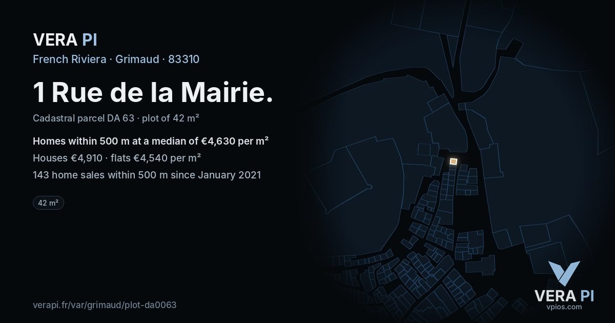 1 Rue de la Mairie, Grimaud at night – the plot lit, the parcels around coloured by the prices near them