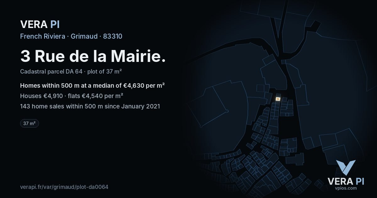 3 Rue de la Mairie, Grimaud at night – the plot lit, the parcels around coloured by the prices near them