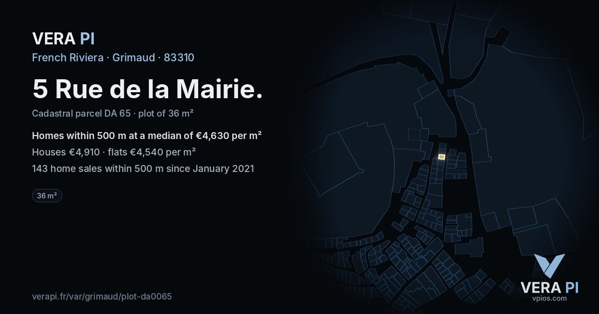 5 Rue de la Mairie, Grimaud at night – the plot lit, the parcels around coloured by the prices near them