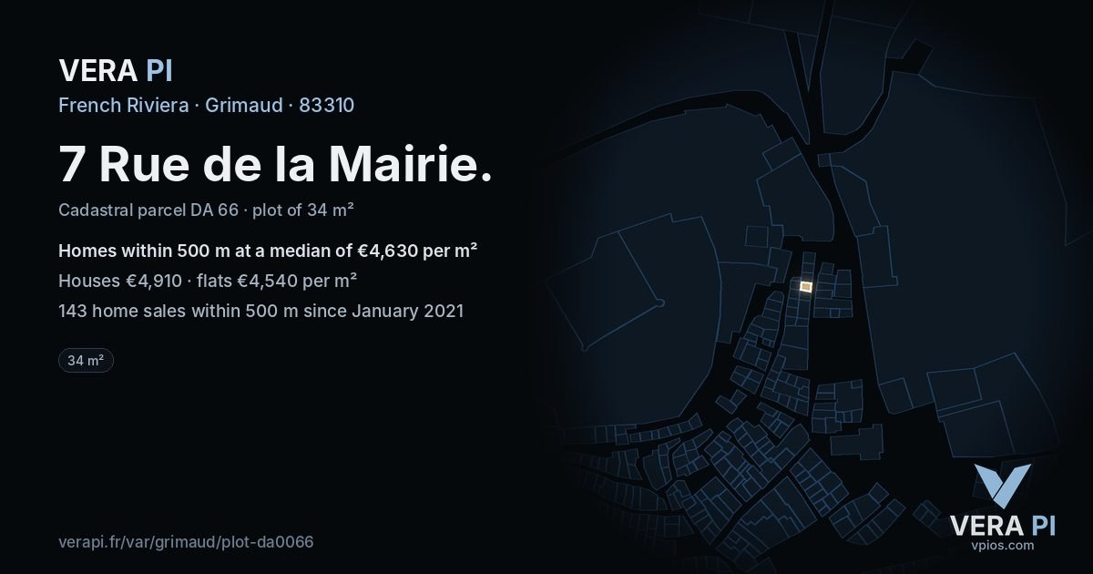 7 Rue de la Mairie, Grimaud at night – the plot lit, the parcels around coloured by the prices near them
