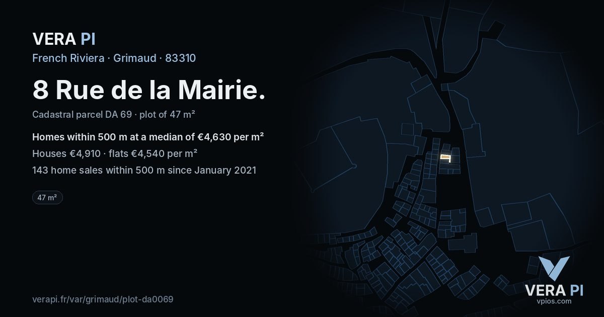 8 Rue de la Mairie, Grimaud at night – the plot lit, the parcels around coloured by the prices near them