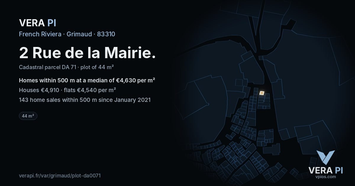 2 Rue de la Mairie, Grimaud at night – the plot lit, the parcels around coloured by the prices near them