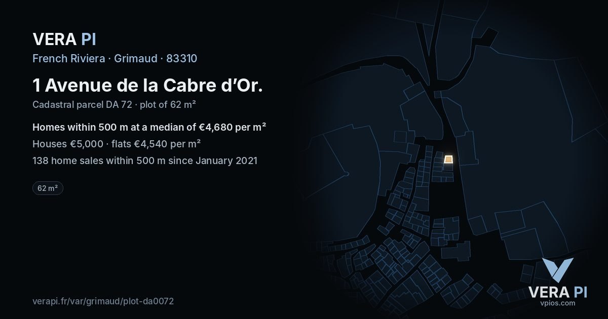 1 Avenue de la Cabre d’Or, Grimaud at night – the plot lit, the parcels around coloured by the prices near them