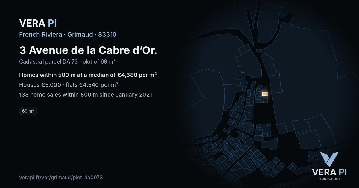 3 Avenue de la Cabre d’Or, Grimaud at night – the plot lit, the parcels around coloured by the prices near them