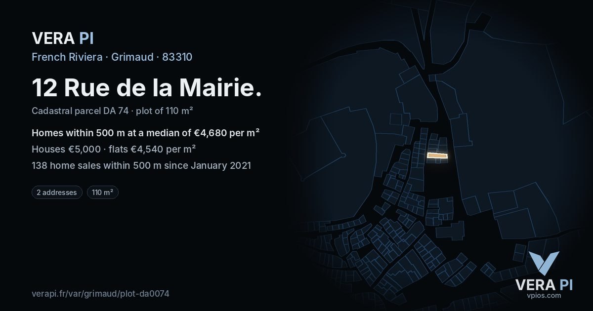 12 Rue de la Mairie, Grimaud at night – the plot lit, the parcels around coloured by the prices near them
