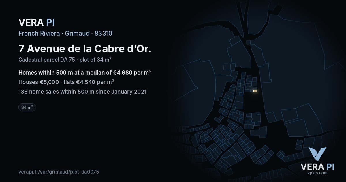 7 Avenue de la Cabre d’Or, Grimaud at night – the plot lit, the parcels around coloured by the prices near them