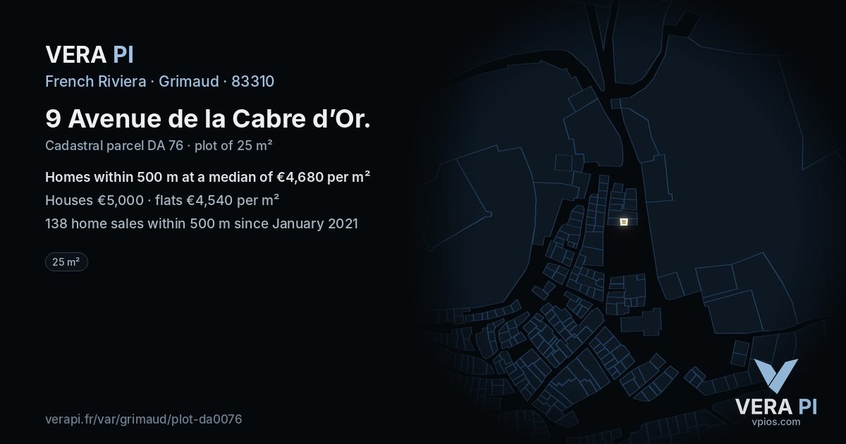 9 Avenue de la Cabre d’Or, Grimaud at night – the plot lit, the parcels around coloured by the prices near them