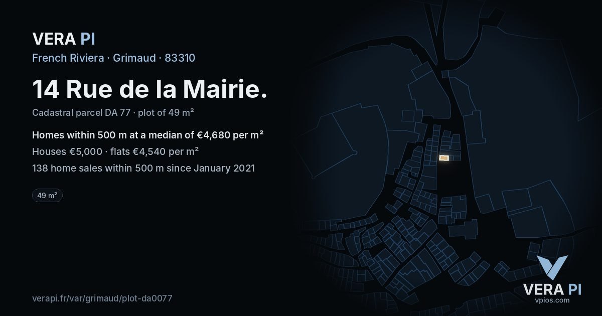 14 Rue de la Mairie, Grimaud at night – the plot lit, the parcels around coloured by the prices near them