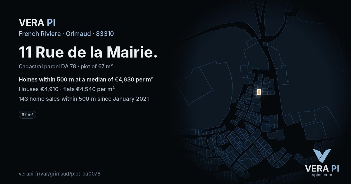 11 Rue de la Mairie, Grimaud at night – the plot lit, the parcels around coloured by the prices near them