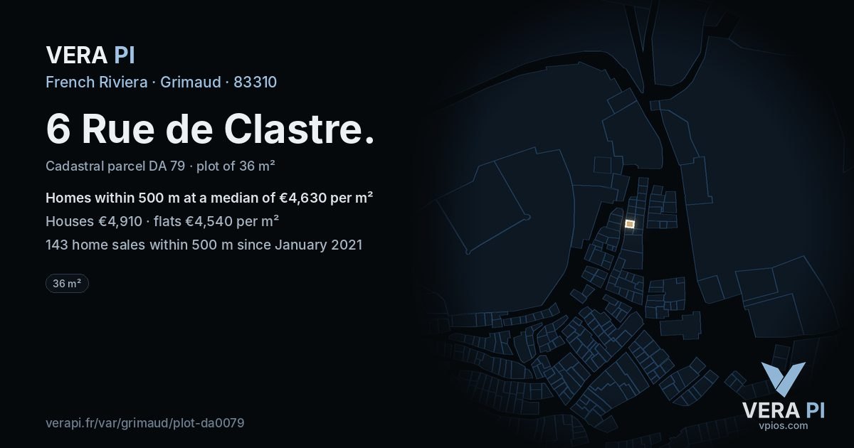 6 Rue de Clastre, Grimaud at night – the plot lit, the parcels around coloured by the prices near them