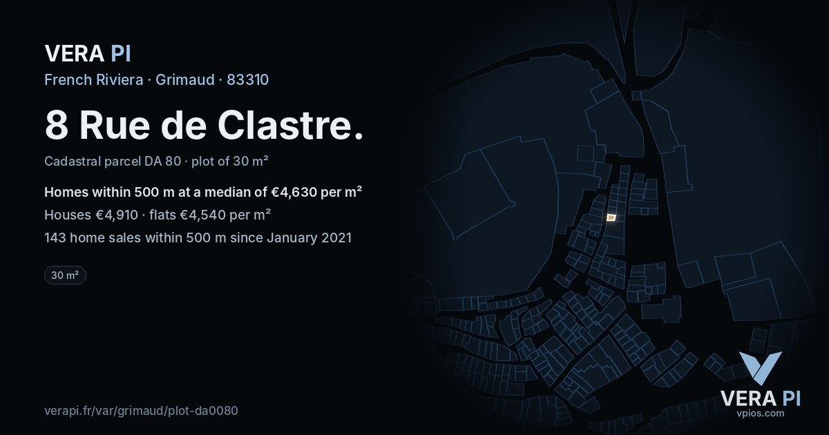 8 Rue de Clastre, Grimaud at night – the plot lit, the parcels around coloured by the prices near them