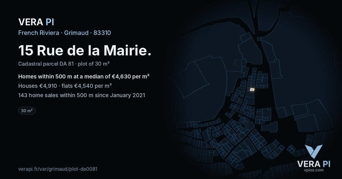 15 Rue de la Mairie, Grimaud at night – the plot lit, the parcels around coloured by the prices near them