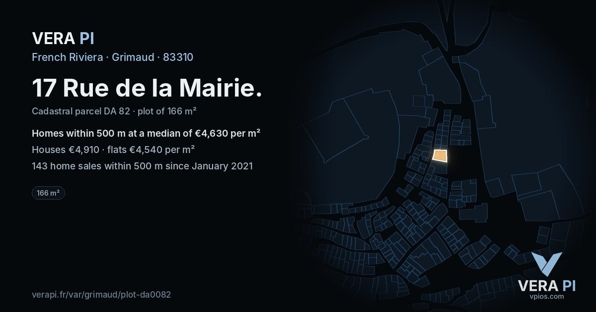 17 Rue de la Mairie, Grimaud at night – the plot lit, the parcels around coloured by the prices near them