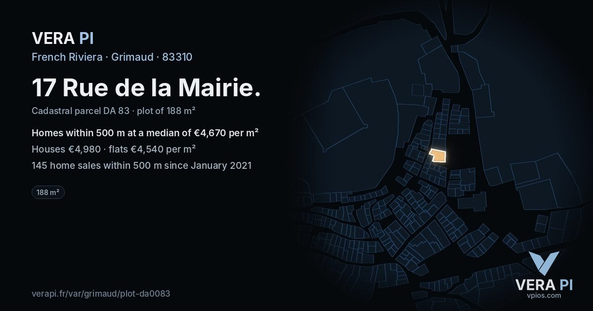 17 Rue de la Mairie, Grimaud at night – the plot lit, the parcels around coloured by the prices near them