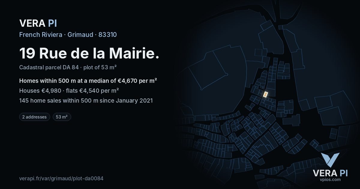 19 Rue de la Mairie, Grimaud at night – the plot lit, the parcels around coloured by the prices near them