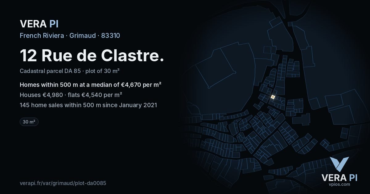 12 Rue de Clastre, Grimaud at night – the plot lit, the parcels around coloured by the prices near them