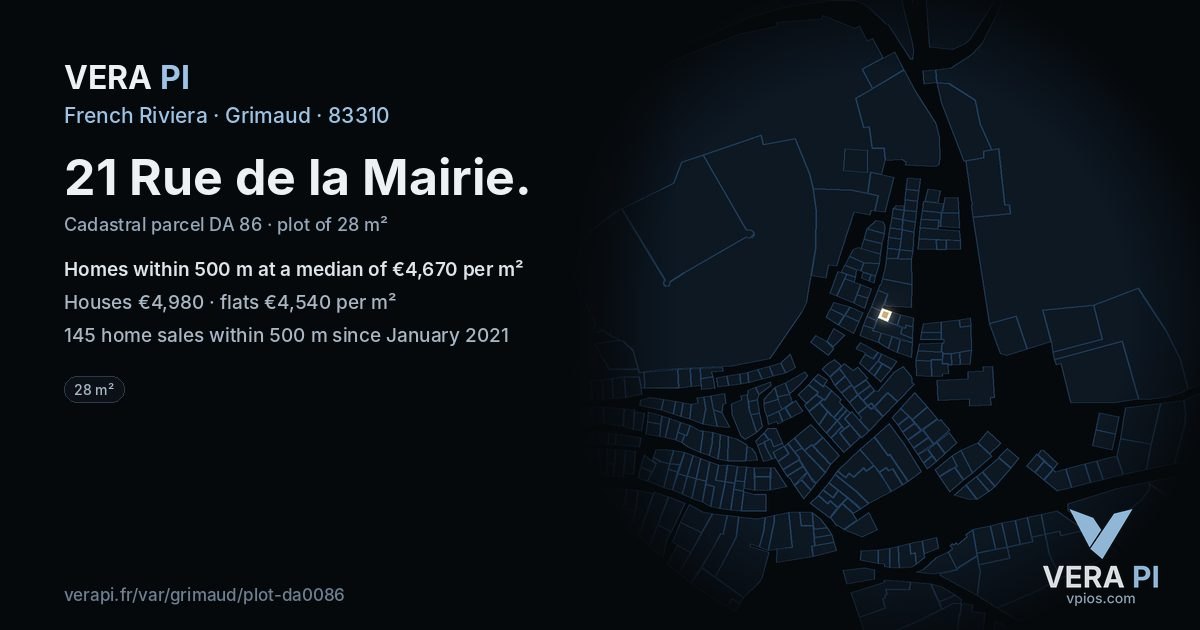 21 Rue de la Mairie, Grimaud at night – the plot lit, the parcels around coloured by the prices near them
