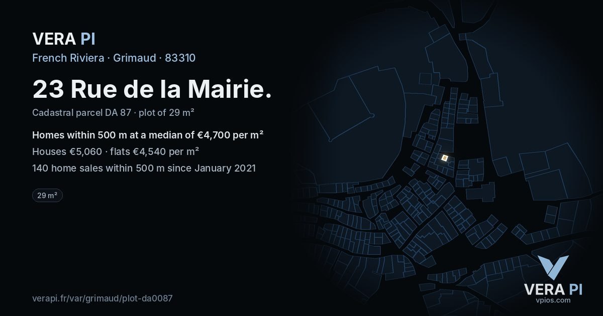 23 Rue de la Mairie, Grimaud at night – the plot lit, the parcels around coloured by the prices near them