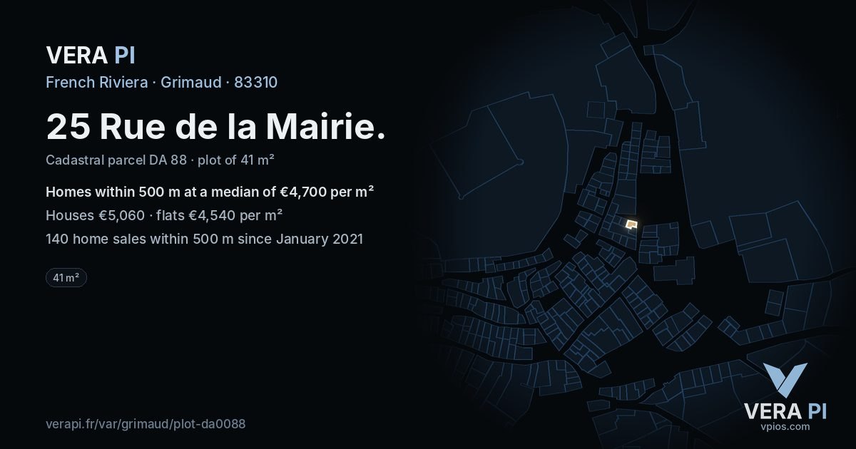 25 Rue de la Mairie, Grimaud at night – the plot lit, the parcels around coloured by the prices near them