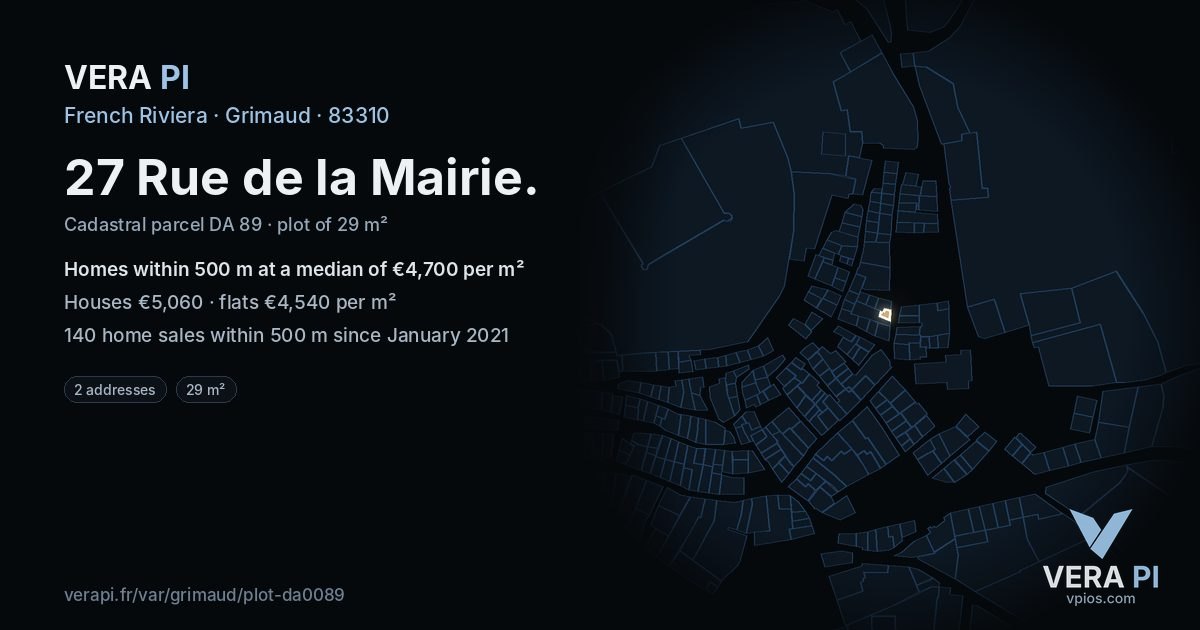 27 Rue de la Mairie, Grimaud at night – the plot lit, the parcels around coloured by the prices near them