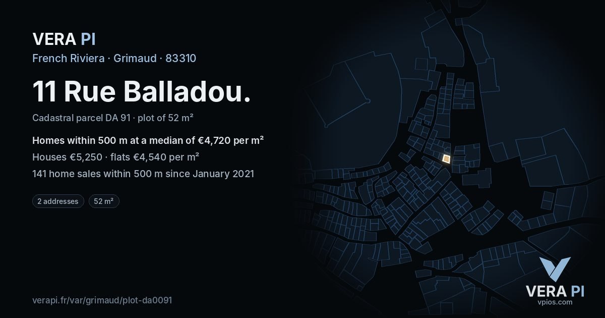 11 Rue Balladou, Grimaud at night – the plot lit, the parcels around coloured by the prices near them