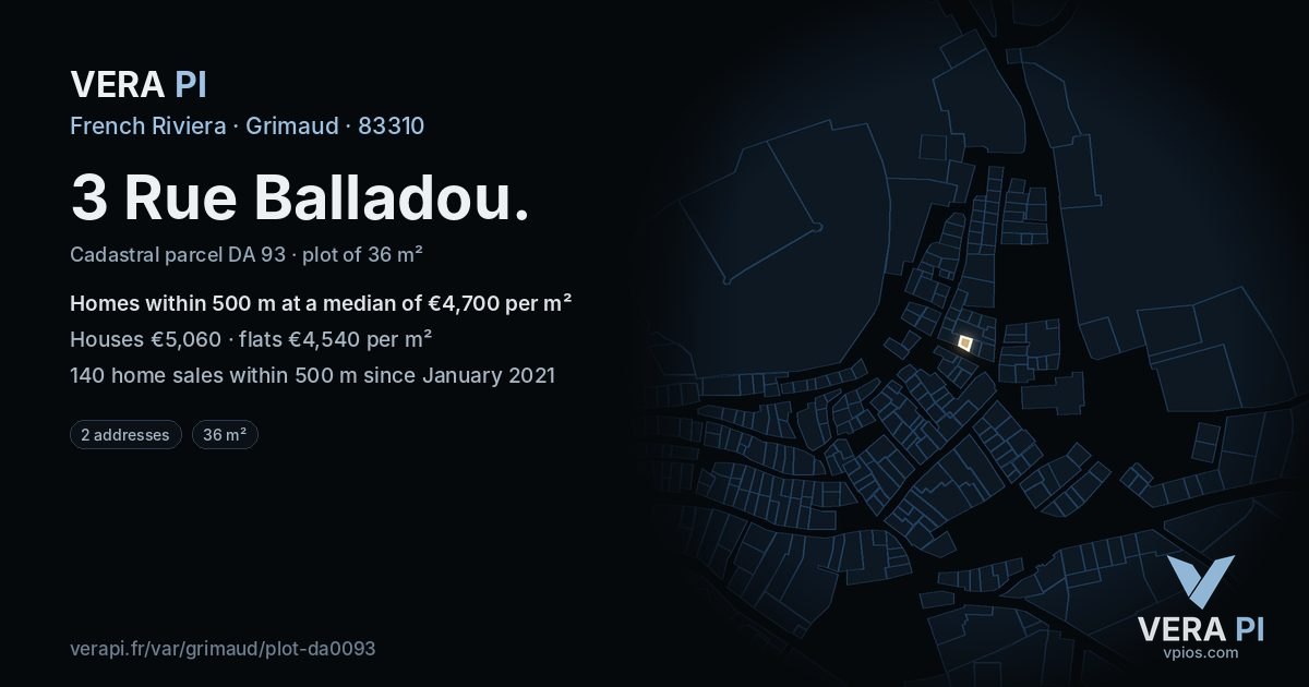 3 Rue Balladou, Grimaud at night – the plot lit, the parcels around coloured by the prices near them