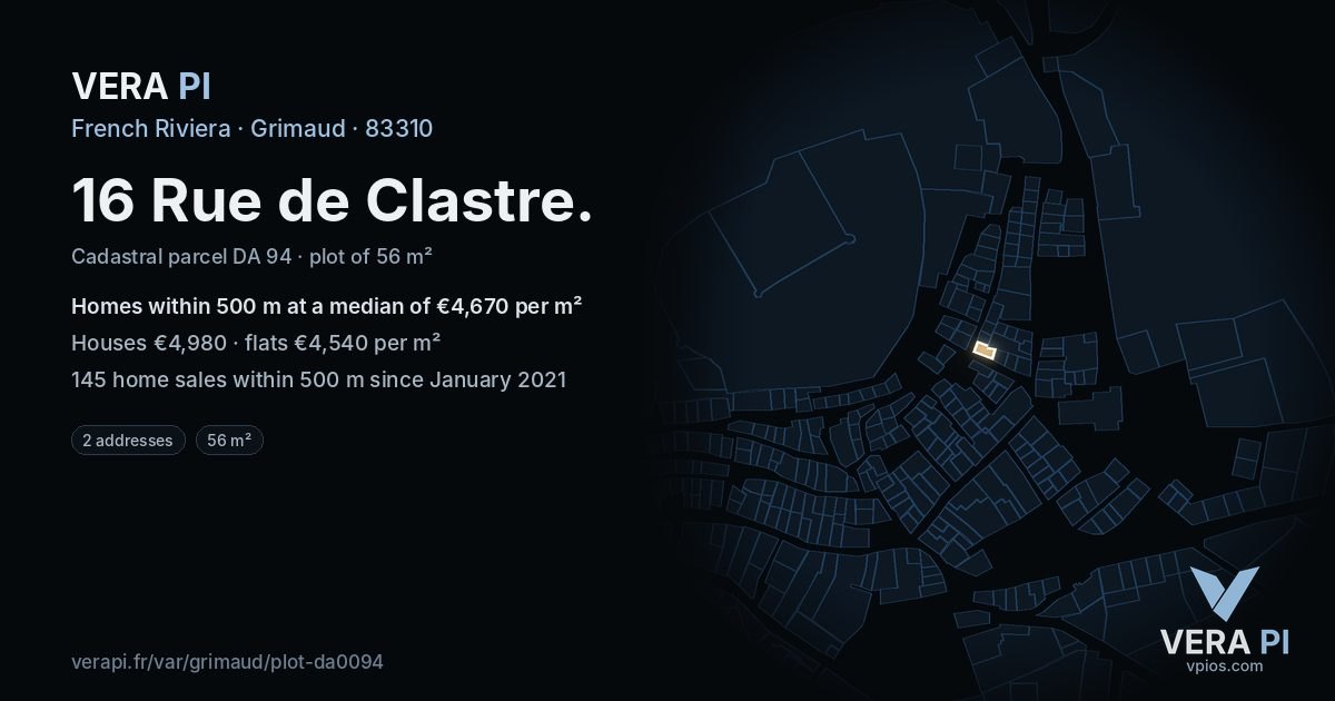 16 Rue de Clastre, Grimaud at night – the plot lit, the parcels around coloured by the prices near them