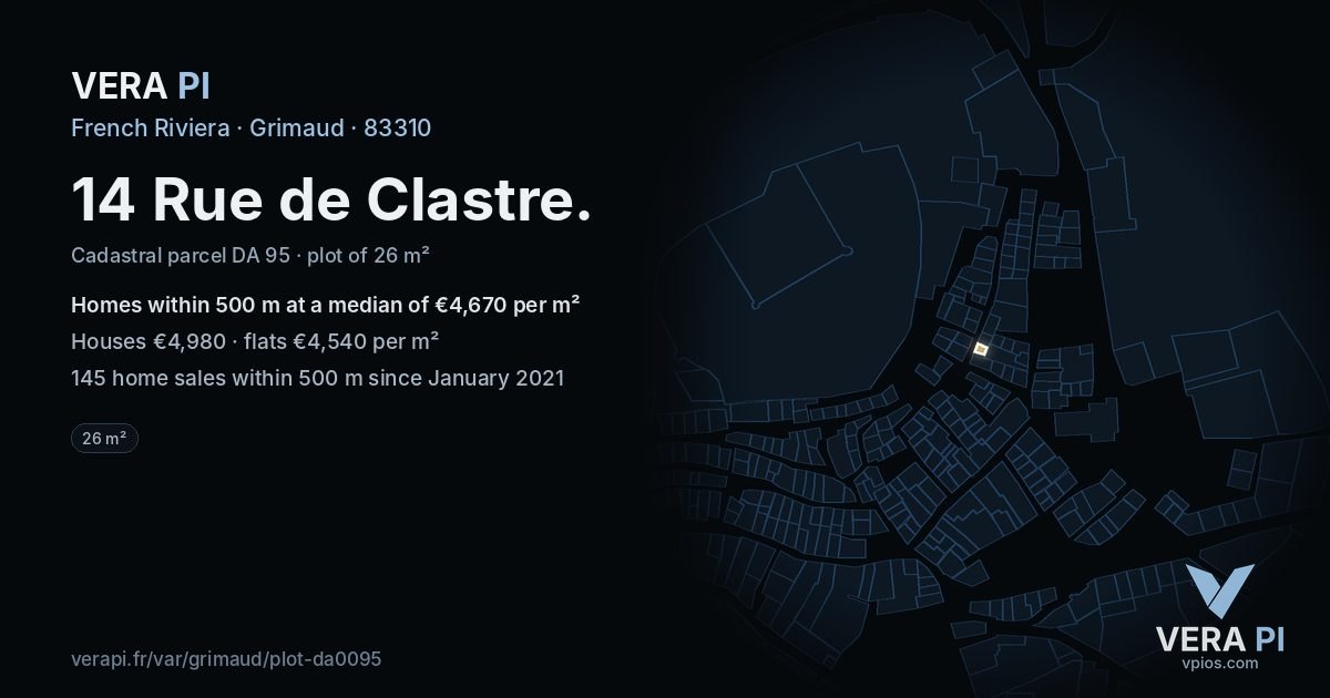 14 Rue de Clastre, Grimaud at night – the plot lit, the parcels around coloured by the prices near them