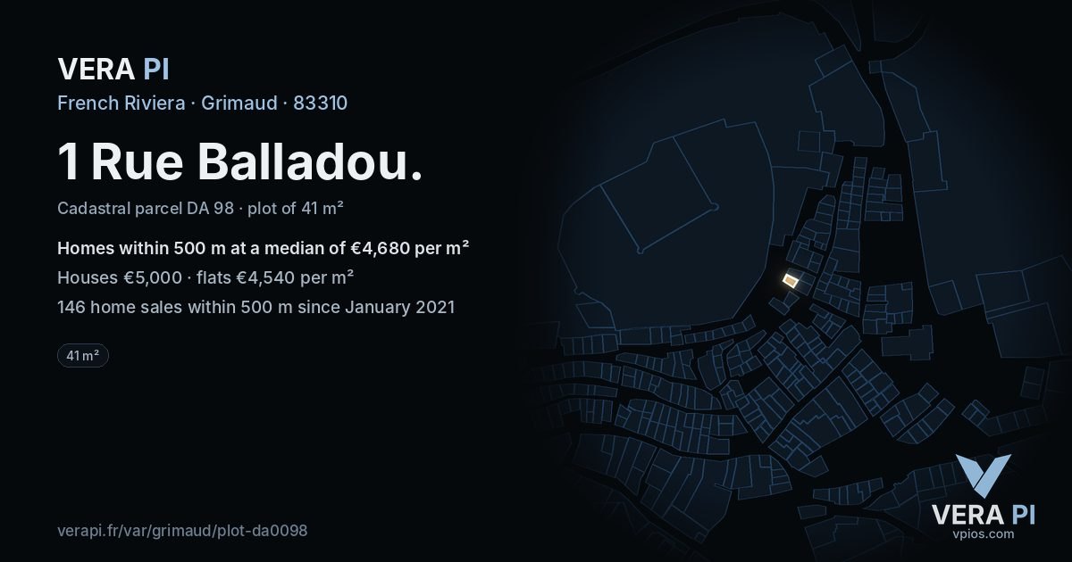 1 Rue Balladou, Grimaud at night – the plot lit, the parcels around coloured by the prices near them
