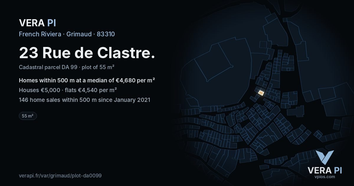 23 Rue de Clastre, Grimaud at night – the plot lit, the parcels around coloured by the prices near them