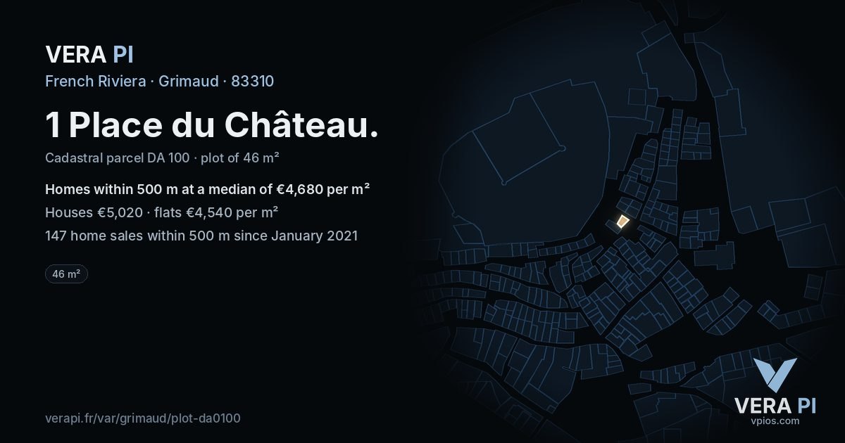 1 Place du Château, Grimaud at night – the plot lit, the parcels around coloured by the prices near them