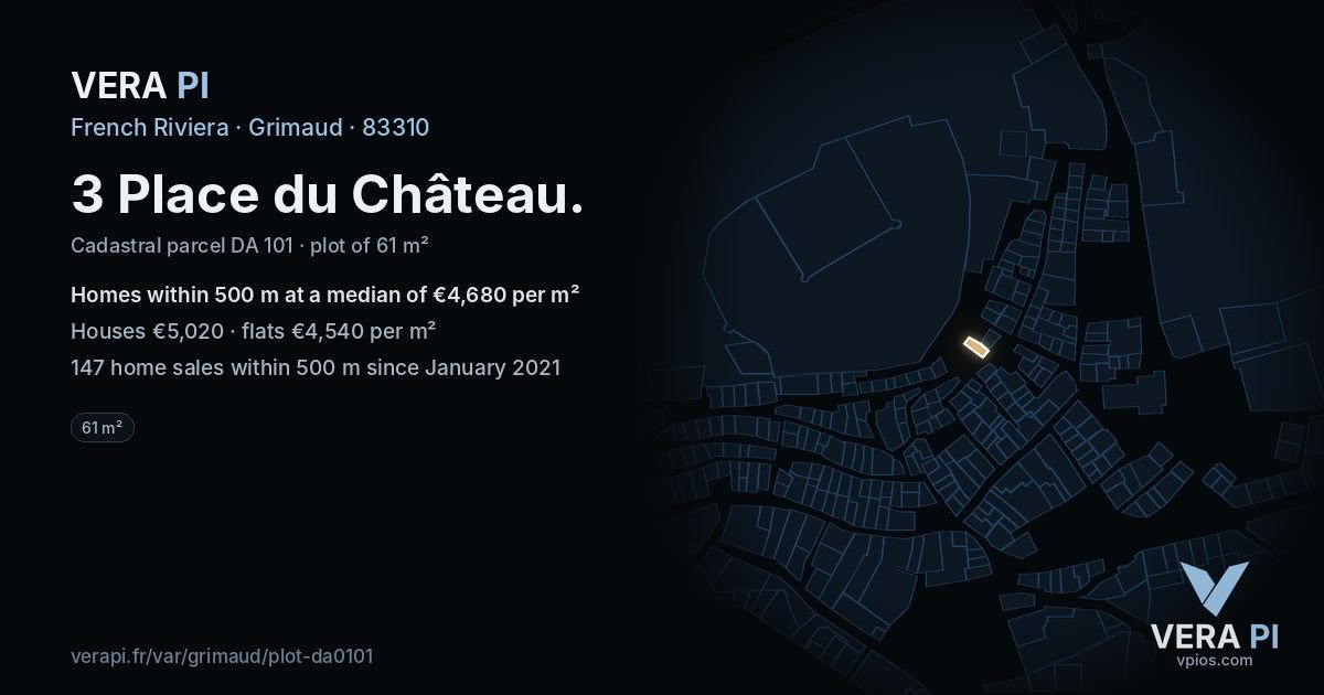 3 Place du Château, Grimaud at night – the plot lit, the parcels around coloured by the prices near them