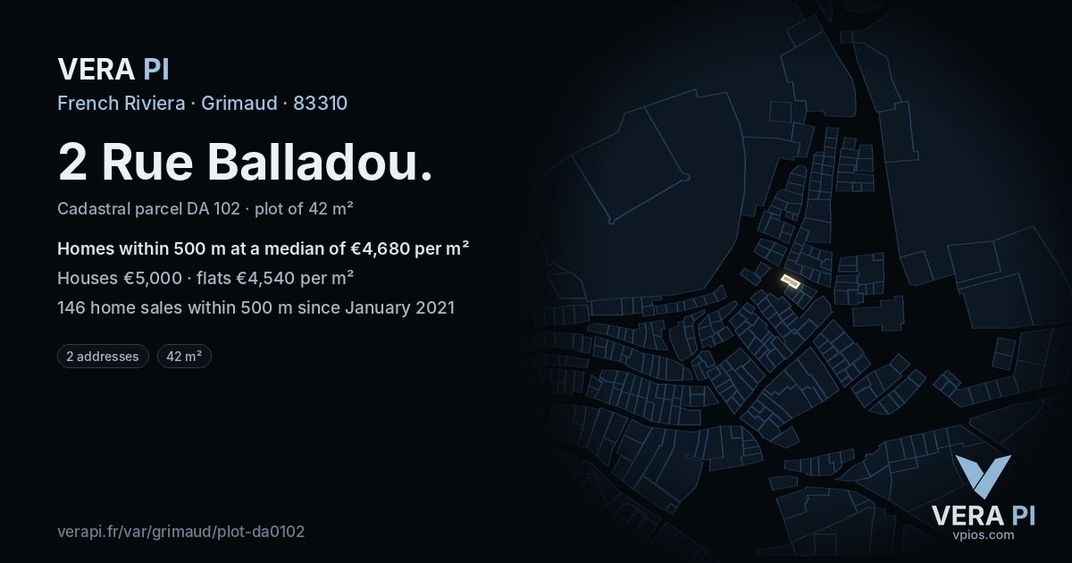 2 Rue Balladou, Grimaud at night – the plot lit, the parcels around coloured by the prices near them