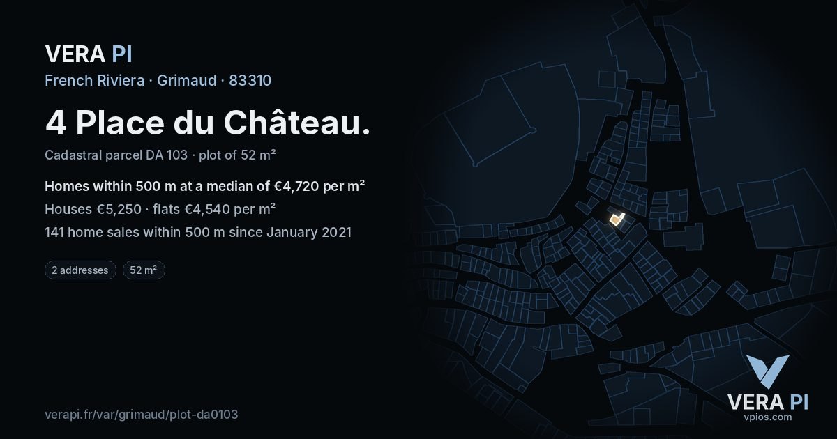 4 Place du Château, Grimaud at night – the plot lit, the parcels around coloured by the prices near them