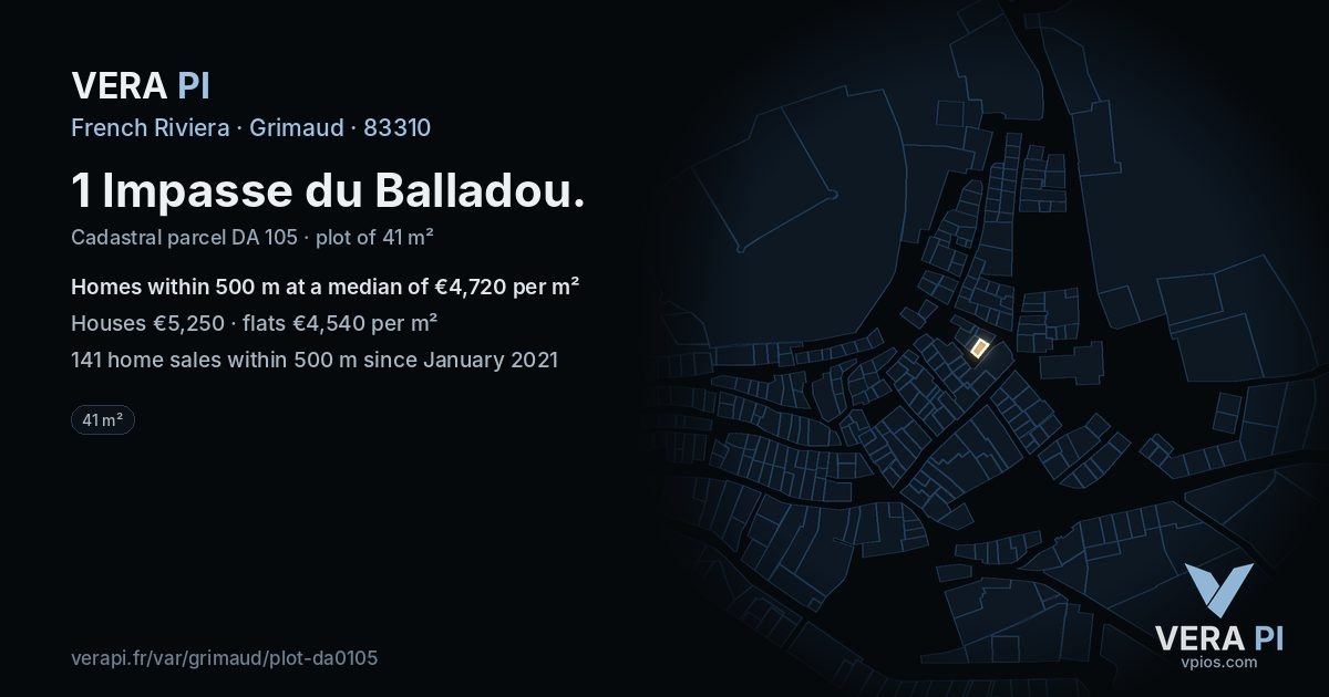 1 Impasse du Balladou, Grimaud at night – the plot lit, the parcels around coloured by the prices near them