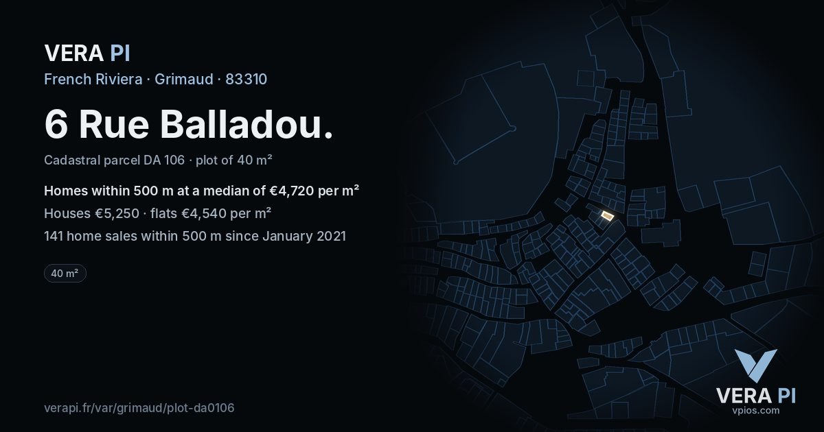 6 Rue Balladou, Grimaud at night – the plot lit, the parcels around coloured by the prices near them