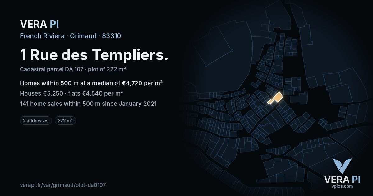 1 Rue des Templiers, Grimaud at night – the plot lit, the parcels around coloured by the prices near them