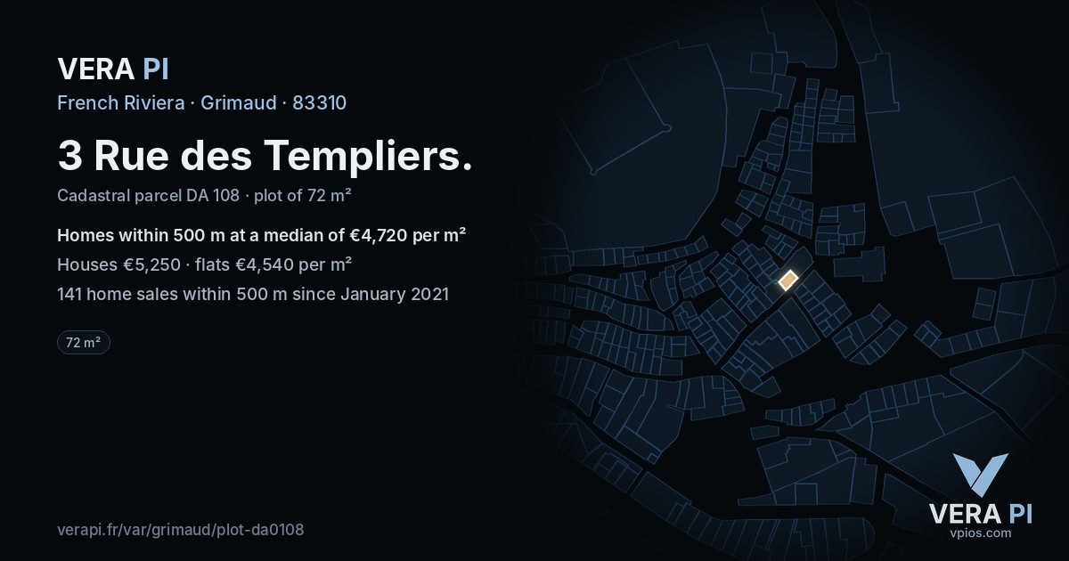 3 Rue des Templiers, Grimaud at night – the plot lit, the parcels around coloured by the prices near them