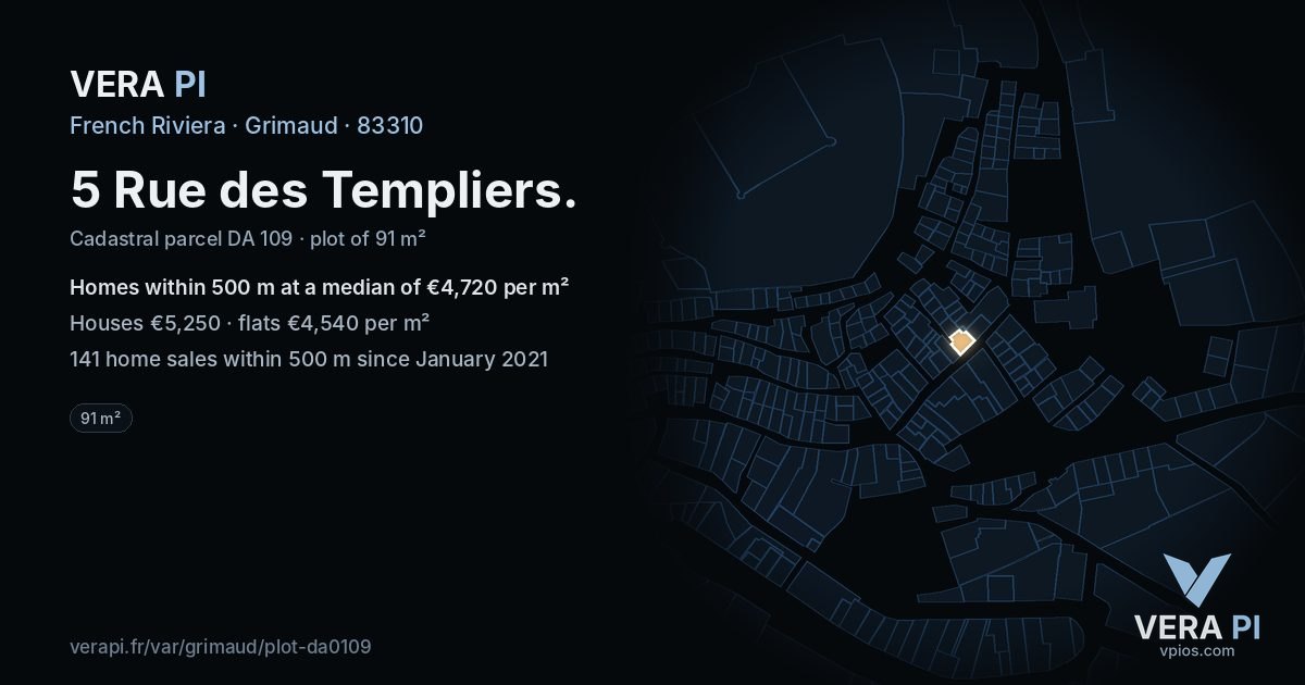 5 Rue des Templiers, Grimaud at night – the plot lit, the parcels around coloured by the prices near them